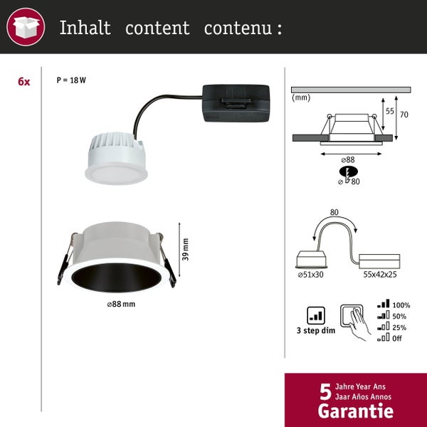 LED Einbauleuchte 3-Step-Dim Cole Coin 6er-Set IP44 rund 88mm Coin 6x6W 6x470lm 230V dimmbar 2700K Weiß, Schwarz matt
