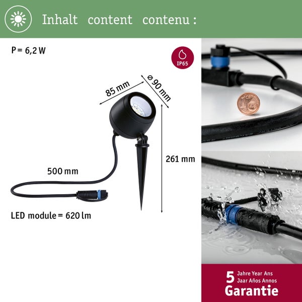 Schwarzer Gartenstrahler mit Erdspieß, 6,2 Watt Leistung und IP65 Schutzart.