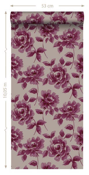 ESTAhome Tapete Aquarell gemalte Rosen Aubergineviolett und Taupe - 53 cm x 10.05 m - 128017