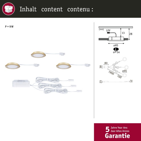 LED Möbeleinbauleuchten 3er-Set rund 65mm 3x2,5W 3x180lm 230/12V 3000K Gold matt