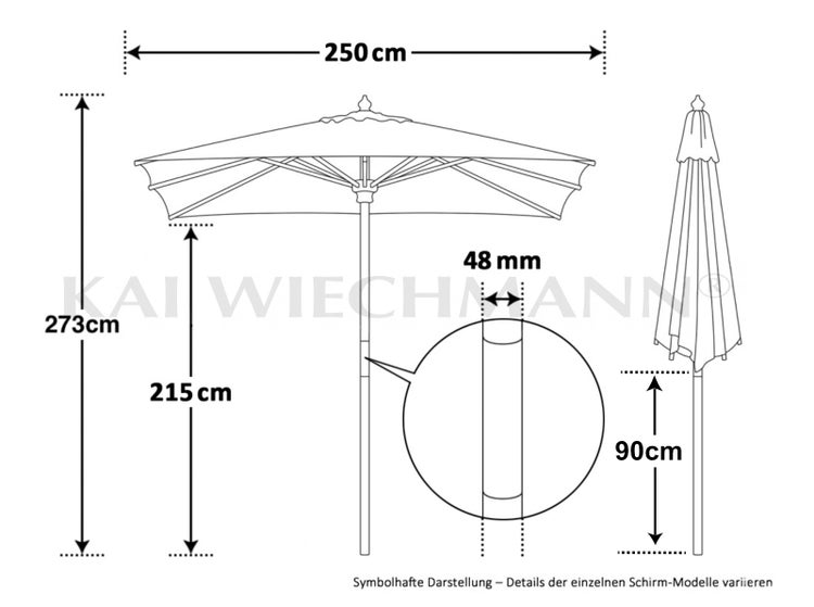 Sonnenschirm-Skizze: 250 Zentimeter Durchmesser, 273 Zentimeter Höhe, 215 Zentimeter Durchgang und 48 Millimeter Rohrdurchmesser