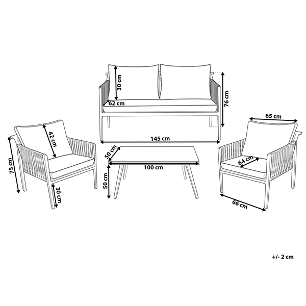 Maße der Sitzgruppe mit Sofa, zwei Stühlen und Tisch