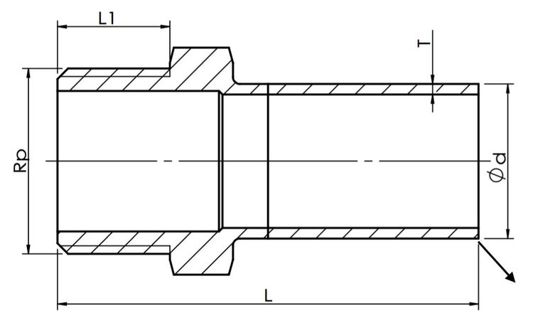 Technische Zeichnung eines Rohrverbindungsstücks im Querschnitt mit Maßangaben für L1, Rp, L, T und Durchmesser d.