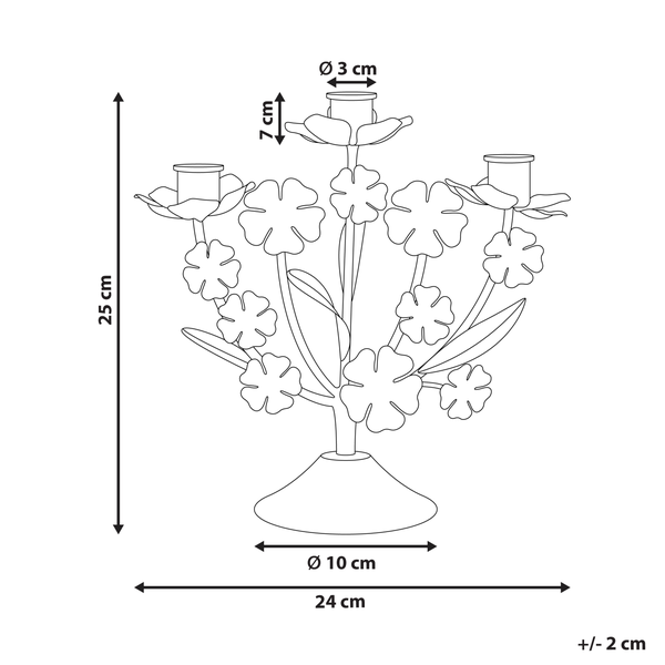 Technische Zeichnung eines dreiflammigen Kerzenständers mit Blumenmuster und Maßangaben