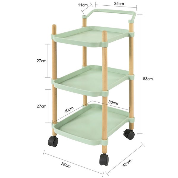 Servierwagen mit drei Ablagen und Rollen, Maße sind angegeben