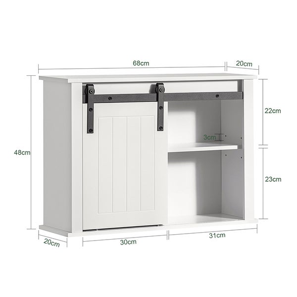 Weißer Hängeschrank mit Schiebetür und Regalflächen, inklusive Maßangaben