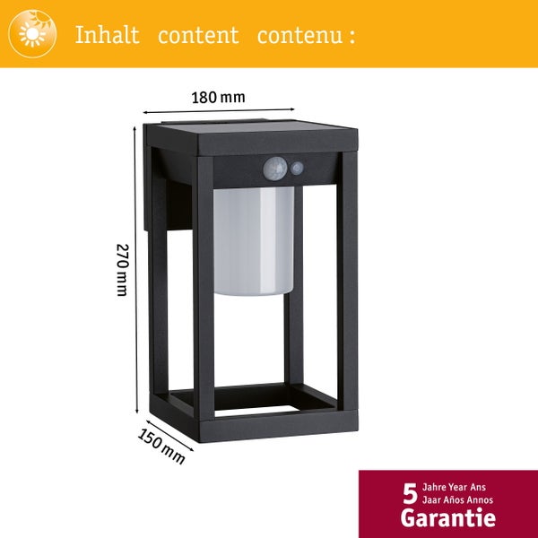 Solar LED Außenwandleuchte Marisol Bewegungsmelder IP44 3000K 350lm Schwarz