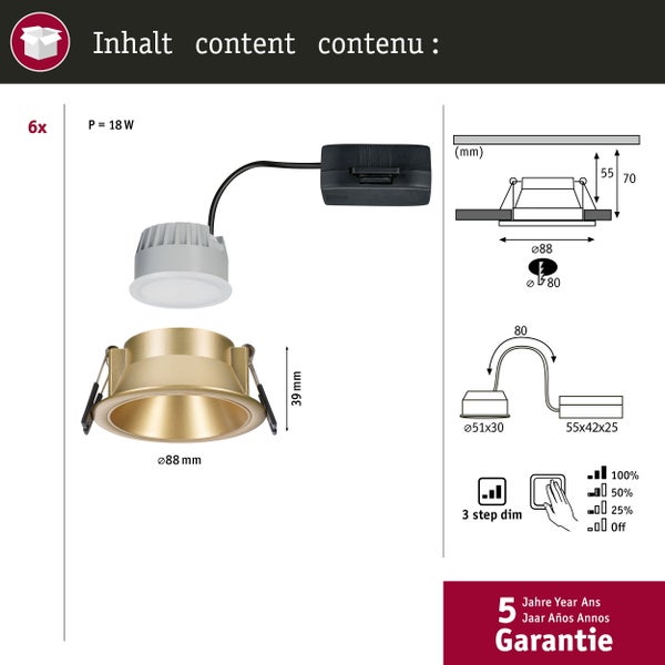 Sechs Einbaustrahler mit technischen Details und fünf Jahren Garantie