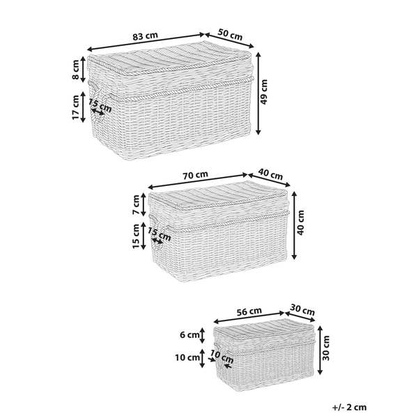 Abbildung mit Maßangaben von drei Weidenkörben unterschiedlicher Größe.