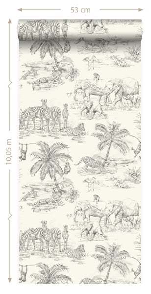 Origin Wallcoverings Tapete Dschungeltiere Elfenbeinweiß und Grau - 53 cm x 10.05 m - 347442
