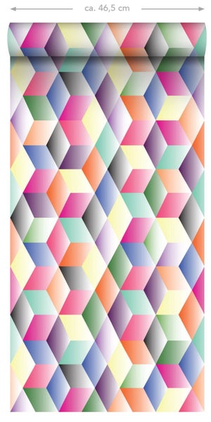 ESTAhome XXL-Vliestapete 3D-Würfel Rosa, Gelb, Grün und Blau - 50 x 900 cm - 158913