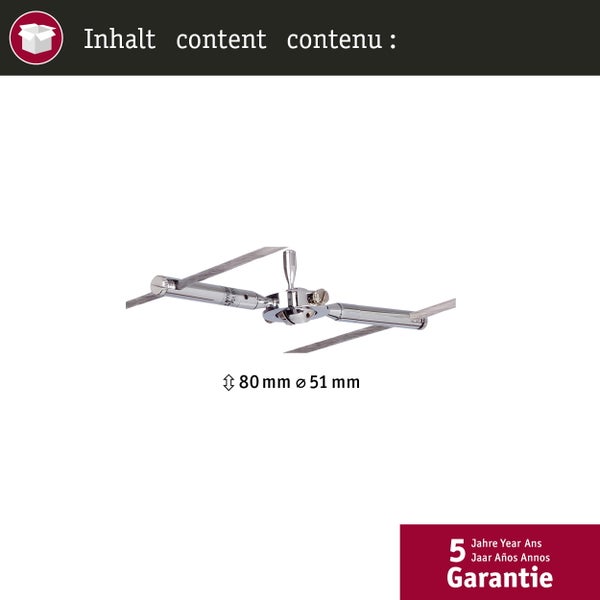 Inhalt: Metallverbinder für Seilsysteme, 80 Millimeter, Durchmesser 51 Millimeter, 5 Jahre Garantie.