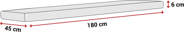 Rechteckige Auflage mit den Maßen Länge 180 Zentimeter, Breite 45 Zentimeter und Höhe 6 Zentimeter.