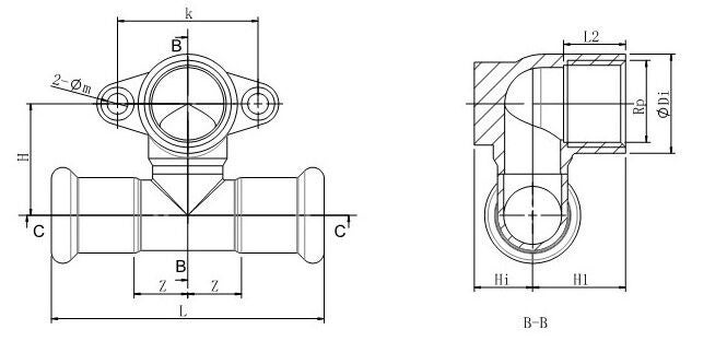 Technische Zeichnung eines T-Stück Pressfittings mit Befestigungsflansch und Maßangaben für Sanitärinstallationen.