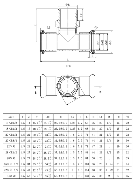 Technische Zeichnung und Maßtabelle für ein T-Stück Pressfitting mit Querschnittsansicht, Draufsicht und detaillierten Größenangaben.