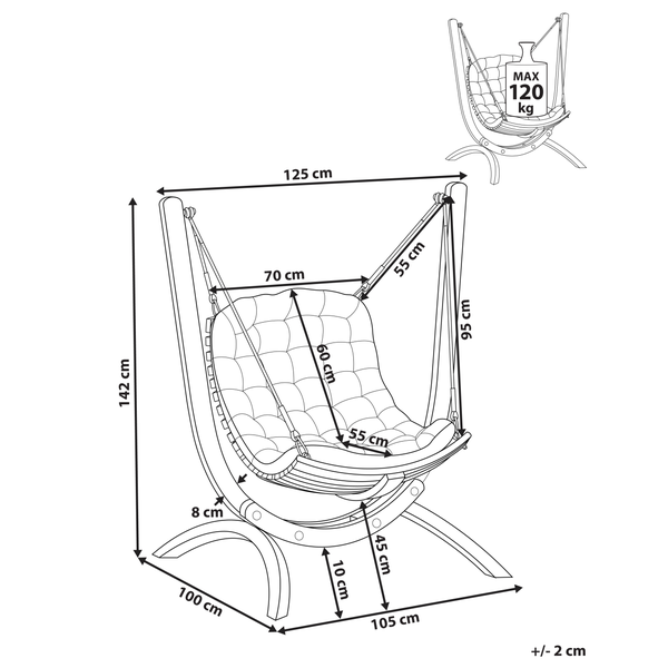 Abmessungen des Hängesessels mit einer maximalen Belastbarkeit von 120 Kilogramm