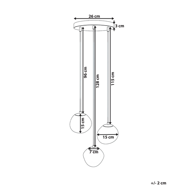 Maßskizze einer dreiflammigen Pendelleuchte mit Maßen: Baldachin 26 Zentimeter, Gesamthöhe bis 128 Zentimeter, Glasschirme 15 Zentimeter.