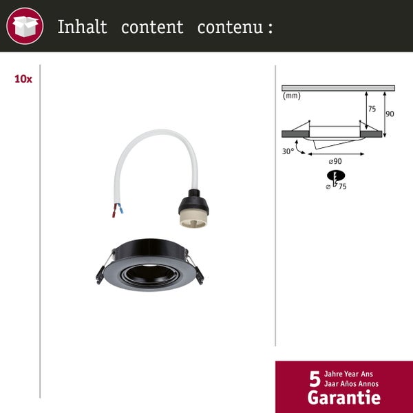Einbauleuchte 10er-Set schwenkbar rund 90mm 30° GU10 max. 10x10W 230V dimmbar Schwarz