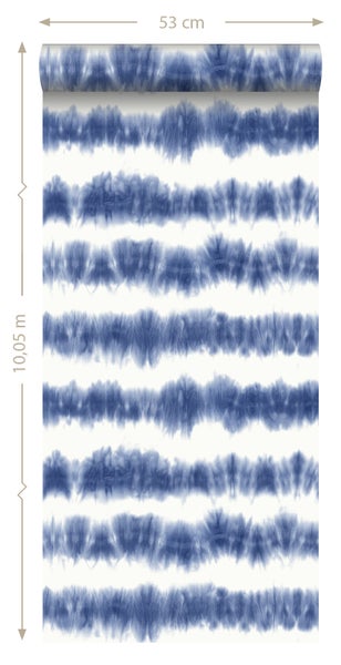 ESTAhome Tapete horizontale Tie-Dye Shibori Streifen Indigoblau und Weiß - 53 cm x 10.05 m - 148689