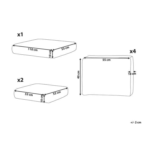 Abbildung mit den Maßen verschiedener Sofakissen: ein Kissen 110 cm mal 53 cm mal 10 cm, zwei Kissen 53 cm mal 52 cm mal 10 cm, vier Kissen 55 cm mal 40 cm mal 10 cm, Toleranz circa 2 cm.