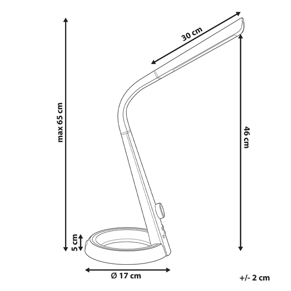 Technische Zeichnung einer Schreibtischleuchte mit den Maßen maximal 65 cm Höhe, 30 cm Länge des Leuchtkopfes und 17 cm Durchmesser des Fußes.
