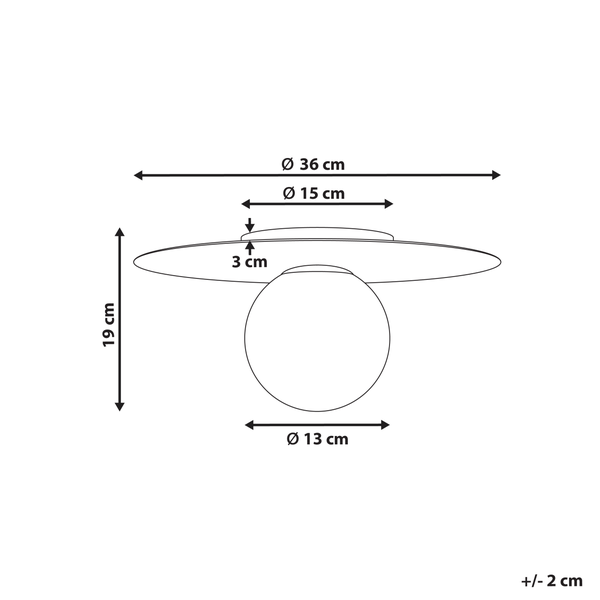 Technische Zeichnung einer Lampe mit den Maßen: Gesamthöhe 19 cm, Lampenschirm Durchmesser 36 cm, Durchmesser der Aufhängung 15 cm und Durchmesser der Kugel 13 cm