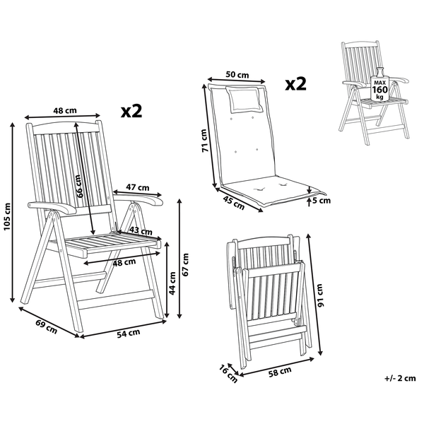 Technische Zeichnung mit Maßen für zwei Gartenklappstühle aus Holz mit Auflagen, inklusive Klappmaß und maximaler Belastbarkeit von 160 Kilogramm.