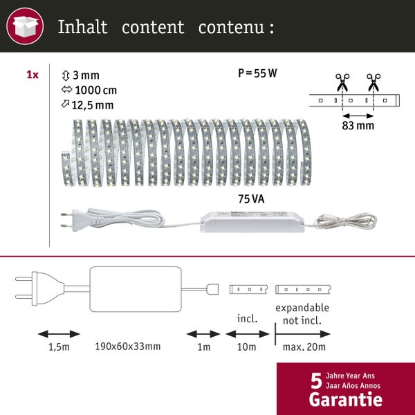 Inhalt: LED-Streifen mit Transformator und Zubehör. Der Streifen ist 1000 Zentimeter lang, 12,5 Millimeter breit und 3 Millimeter hoch. Leistung 55 Watt. Fünf Jahre Garantie.