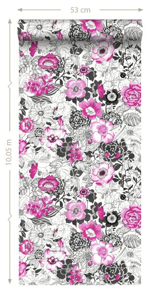 ESTAhome Tapete Blumen Rosa und Schwarz - 53 cm x 10.05 m - 138504