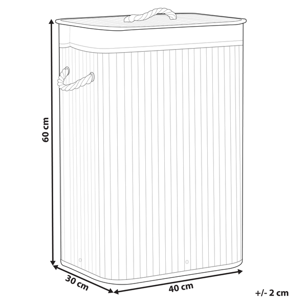 Strichzeichnung eines Wäschekorbs aus Bambus mit Deckel und Seilgriffen. Maße: Höhe 60 Zentimeter, Breite 40 Zentimeter, Tiefe 30 Zentimeter.