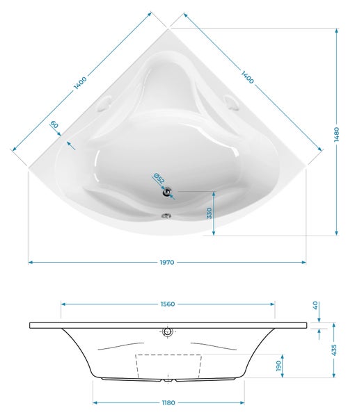 Technische Zeichnung einer Eckbadewanne mit Maßangaben in Millimetern für die Draufsicht und Seitenansicht.