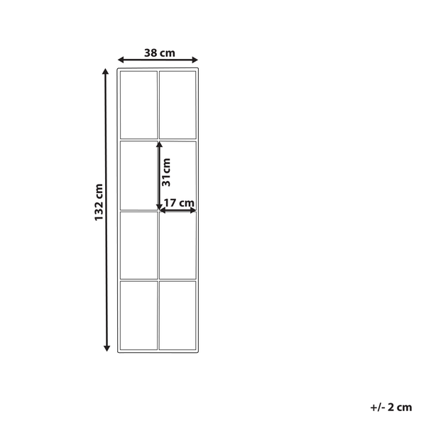 Abmessungen eines Regals mit acht Fächern: 132 cm hoch, 38 cm breit und 31 cm tief, Fachtiefe 17 cm, Toleranz von plusminus 2 cm.