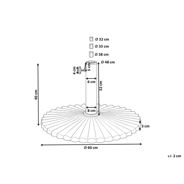 Technische Zeichnung eines Sonnenschirmständers mit Maßen: Basis Durchmesser 60 Zentimeter, Gesamthöhe 40 Zentimeter, mit verschiedenen Adaptern.