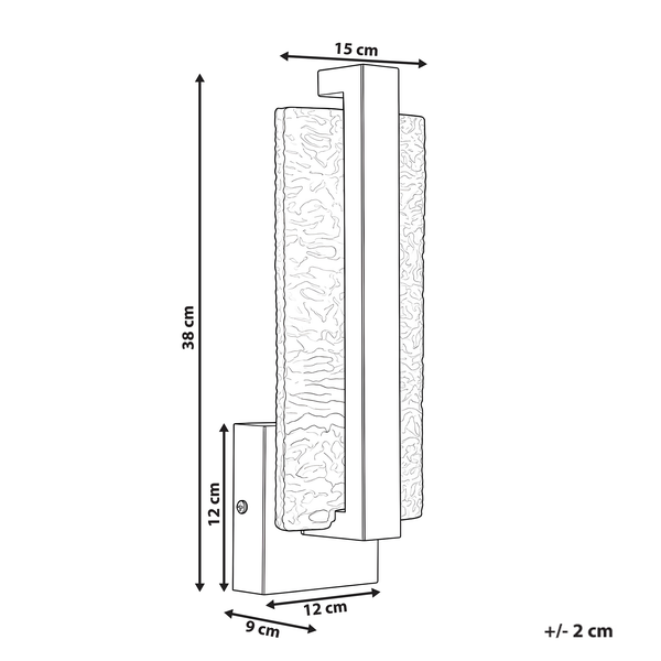Maßskizze Wandleuchte: Höhe 38 Zentimeter, Breite 15 Zentimeter, Tiefe 9 Zentimeter. Sockel 12 mal 12 Zentimeter. Toleranz plus minus 2 Zentimeter.