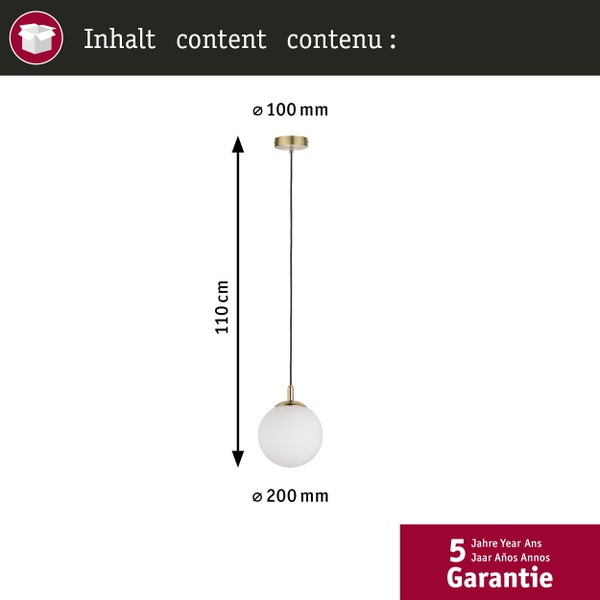 Technische Zeichnung einer Pendelleuchte mit den Maßen 110 cm Höhe und 200 mm Kugeldurchmesser
