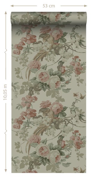 ESTAhome Tapete Blumen und Vögel Graugrün - 50 x 900 cm - 139810