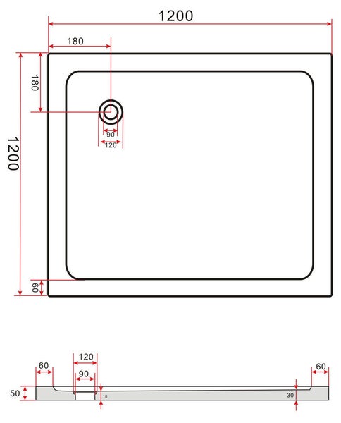 Technische Zeichnung einer Duschwanne mit Maßangaben 1200x1200 mm