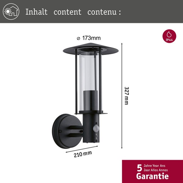 Außenwandleuchte Classic Dämmerungsgesteuerter Bewegungsmelder (IR) IP44 173mm max. 15W 230V Dunkelgrau Metall, Glas