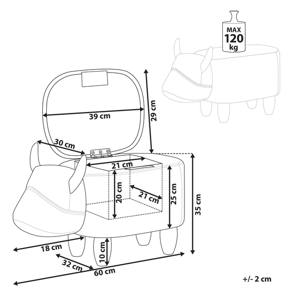 Maßzeichnung eines Hockers in Stierform mit Stauraum. Maße: 60 mal 35 mal 32 Zentimeter. Maximale Belastbarkeit 120 Kilogramm.