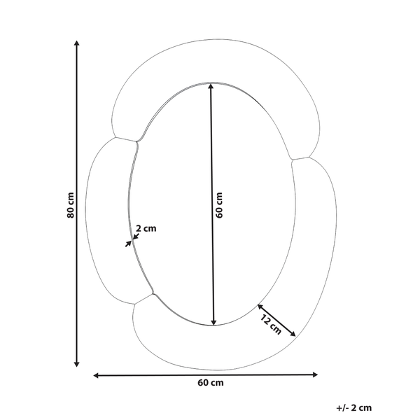Technische Zeichnung eines ovalen Hundebetts mit Maßen: 80 mal 60 Zentimeter, Innenhöhe 60 Zentimeter, Randdicke 12 Zentimeter.