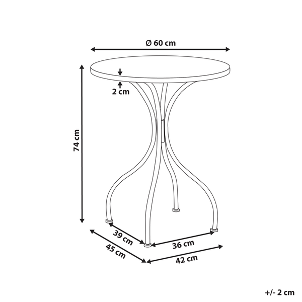Dimensionszeichnung eines runden Tisches mit einem Durchmesser von 60 cm und einer Höhe von 74 cm.