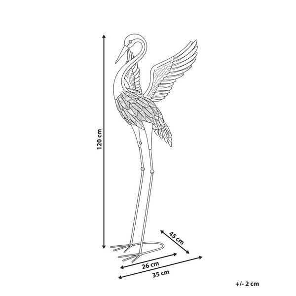 Illustration einer Gartenfigur Kranich mit Maßen: Höhe 120 Zentimeter, Breite 35 Zentimeter, Tiefe 45 Zentimeter, Sockel 26 Zentimeter.