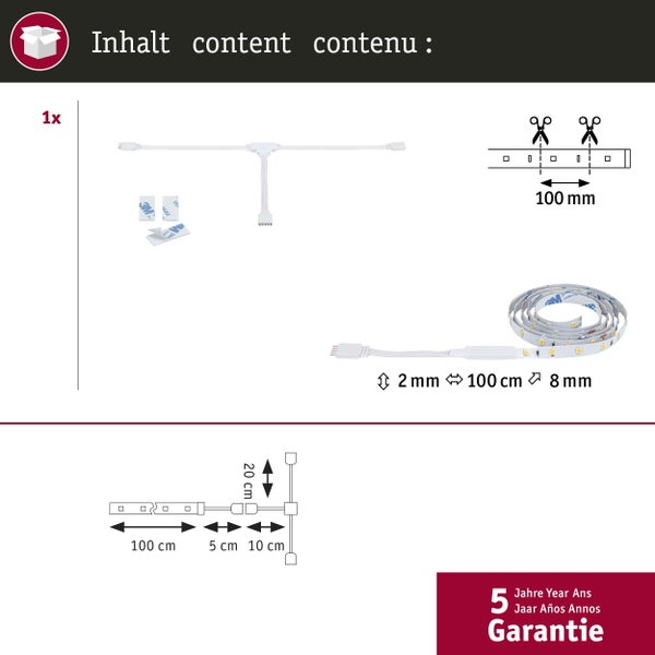 Packungsinhalt LED Stripe mit Zubehör und Maßangaben