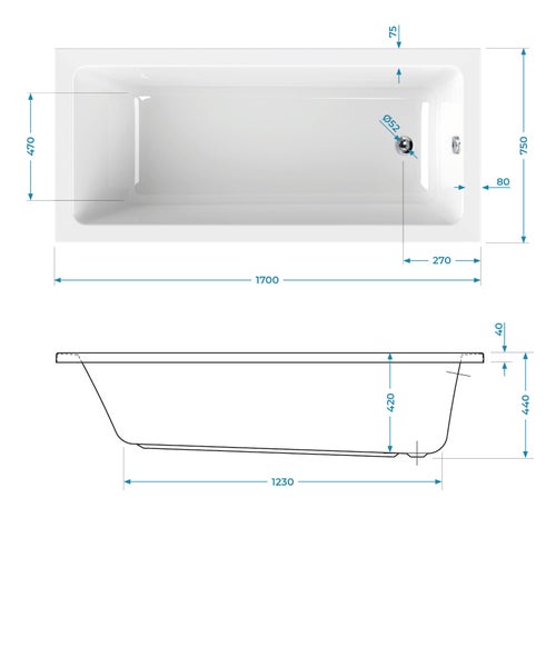 Maßzeichnung einer Badewanne mit Draufsicht und Seitenansicht, Außenmaße 1700 mal 750 Millimeter.
