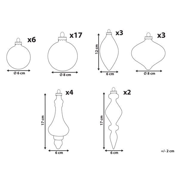 Grafik mit verschiedenen Christbaumkugeln und deren Abmessungen