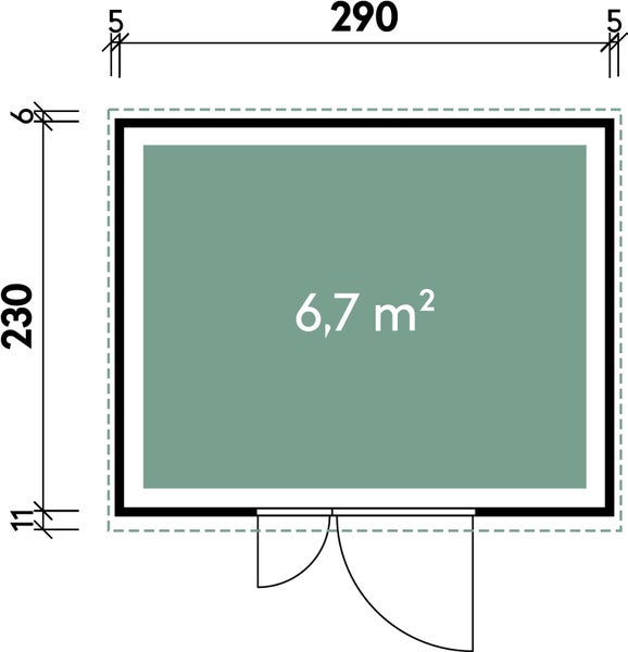 Grundrisszeichnung eines Gartenhauses mit einer Grundfläche von 6,7 Quadratmetern und Außenmaßen von 290 mal 230 Zentimetern.