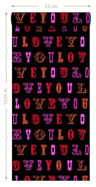 ESTAhome Tapete love you - Sprüche Schwarz und Rosa - 53 cm x 10.05 m - 136837
