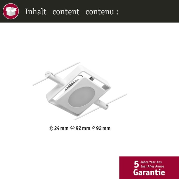 Quadratischer LED Spot für ein Seilsystem mit den Maßen 24 Millimeter mal 92 Millimeter mal 92 Millimeter und 5 Jahren Garantie.