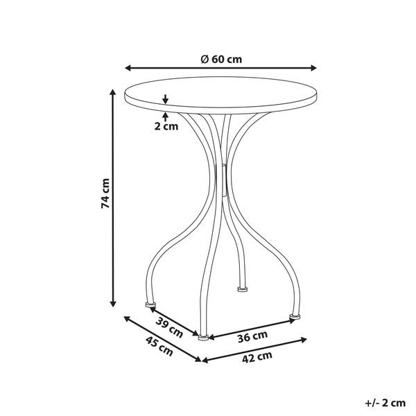 Skizze eines runden Tisches mit den Maßen Höhe 74 cm, Durchmesser 60 cm und einer Plattenstärke von 2 cm
