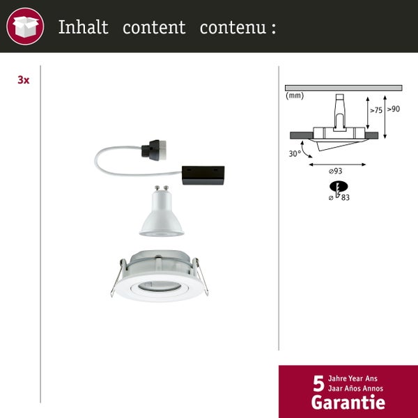 LED Einbauleuchte Nova Plus 3er-Set schwenkbar IP65 rund 93mm 30° GU10 3x7W 3x460lm 230V dimmbar 2700K Weiß matt